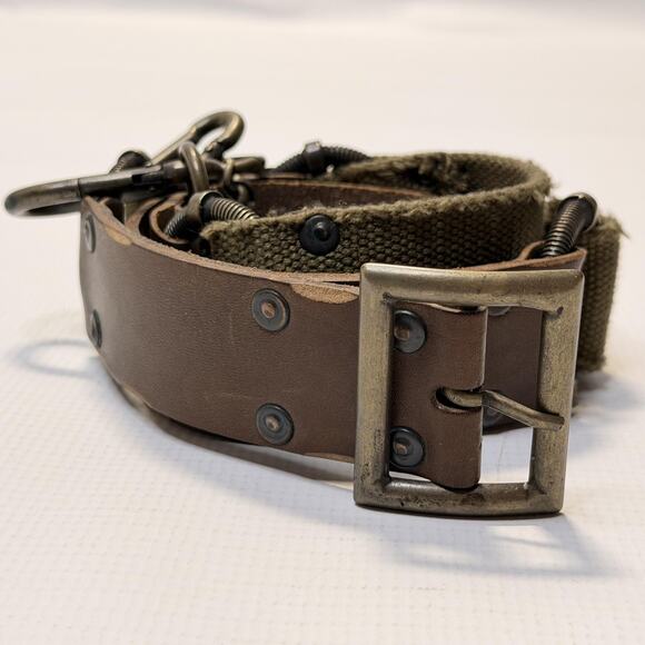 Armani Jeans Belt Mens 107 Brown Olive Leather Canvas Chain Made in Italy AJ - Picture 1 of 13